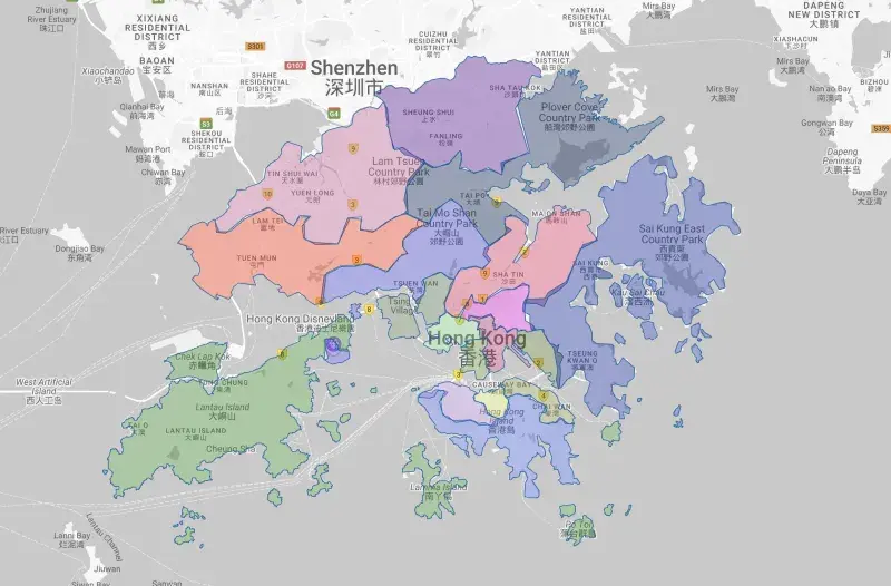 Boundaries of Hong Kong's 18 regions by Google