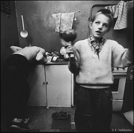 Misha and Tanya  Kitchen of the Temporary Orphanage, Mokhovaya St., 1992, Album: Evgeny Mokhorev «Games Children Play» (1987-1993)