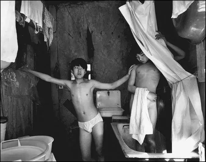 Zhenya and Vadik  Bathroom in a Communal Apartment, St. Petersburg, 1997, Album: Evgeny Mokhorev «Games Children Play» (1987-1993)